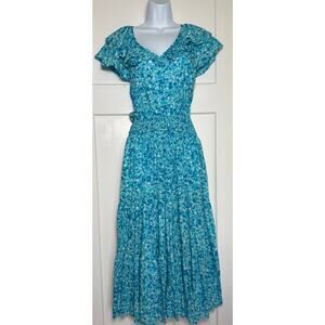 Draper James Blue Floral Dress Flutter Sleeve Size MED Maxi Tiered
